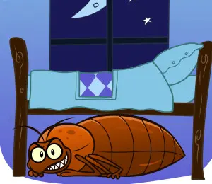 Cartoon illustration of a bed bug hiding under a bed, representing common bed bug infestations in sleeping areas