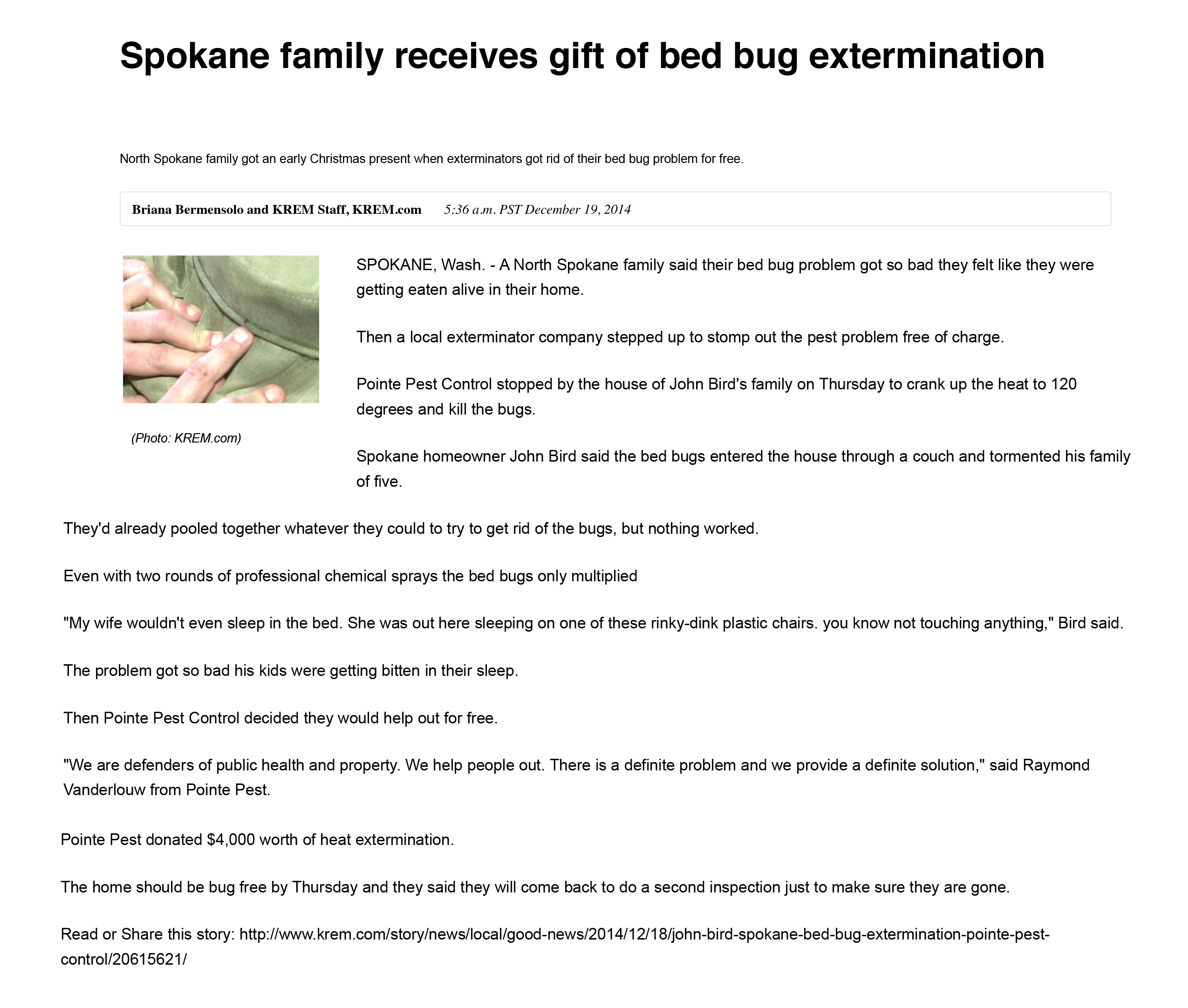 Spokane family receives of bed bug extermination