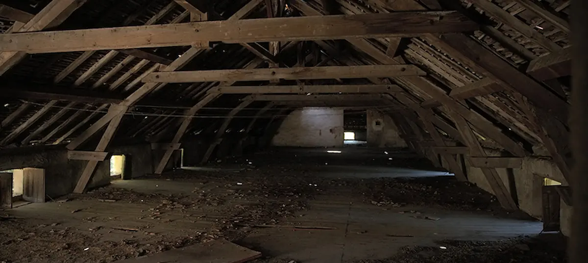 Image of an empty attic with exposed wooden beams and dim lighting