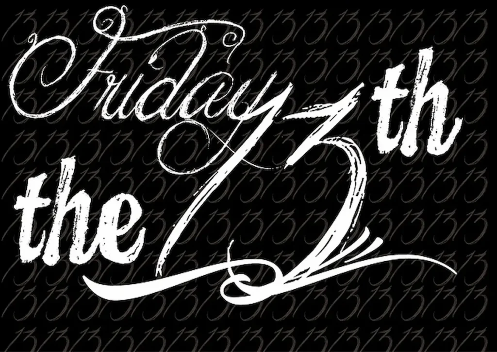 Image of stylized Friday the 13th text in decorative typography on a dark background
