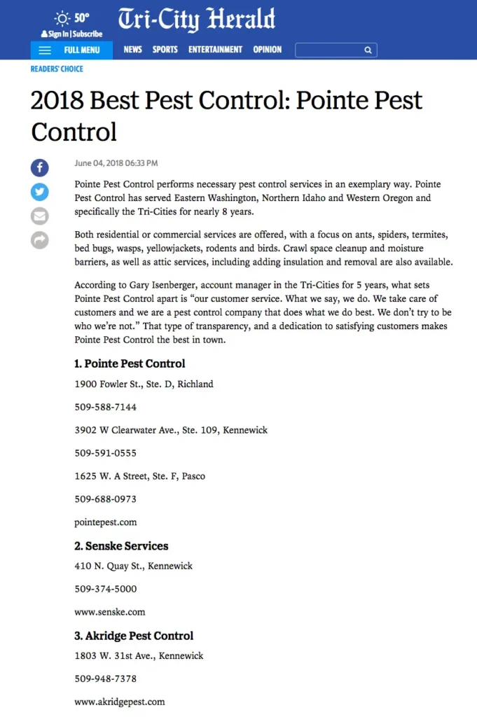Image of a Tri-City Herald article featuring Pointe Pest Control as the 2018 best pest control service