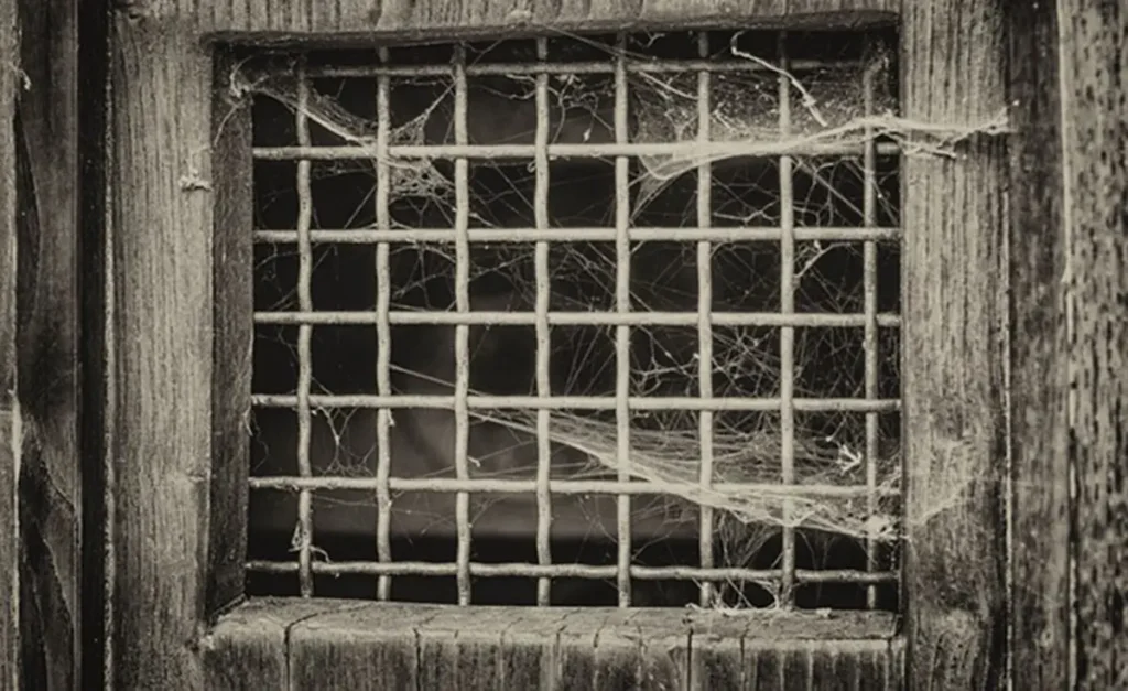 Image of a vent or opening covered with spider webs on a door or wooden surface