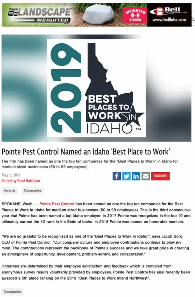 Screenshot of an article announcing Pointe Pest Control as a “Best Place to Work” in Idaho (2019)