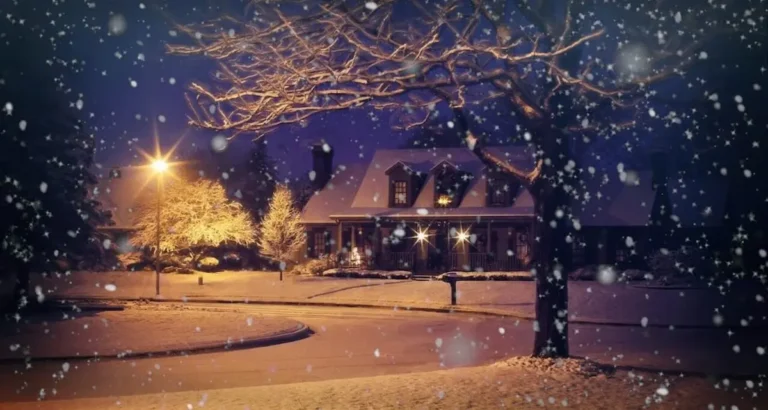 Image of a house at night during snowfall with illuminated lights and a snowy neighborhood