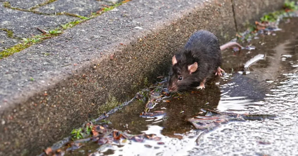 Image of a Norway rat standing in a wet street gutter near a curb