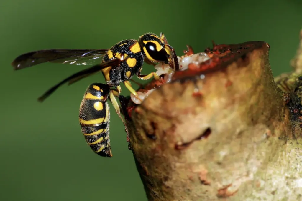 Close-up image of a wasp feeding on food or organic material