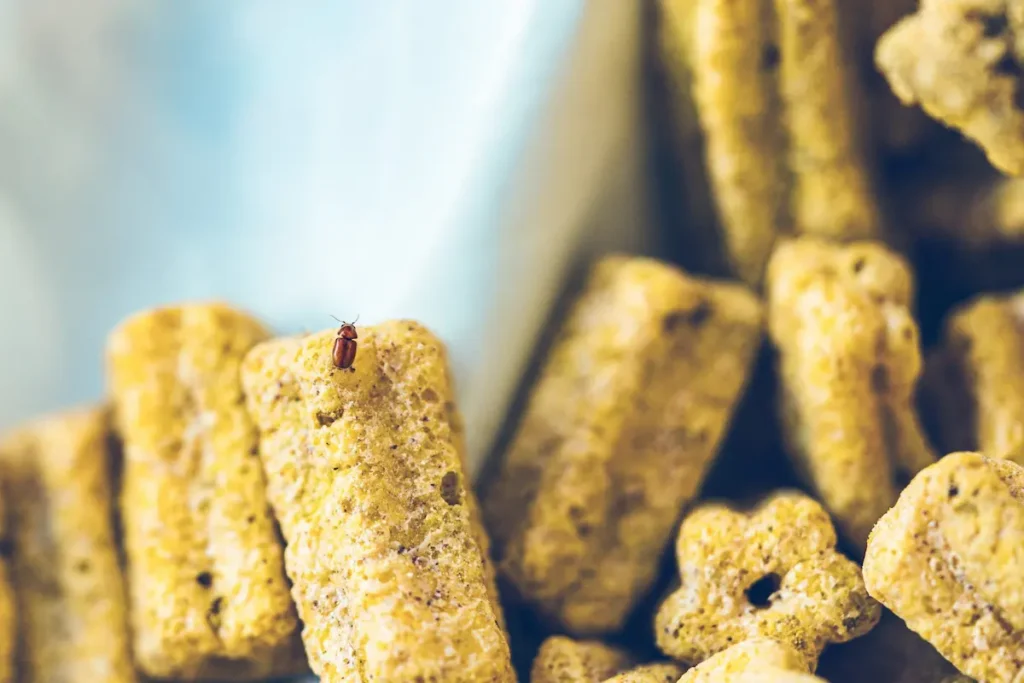 Close-up image of a pantry pest on dry stored food products