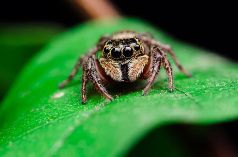 a jumping spider on a leaf getting ready to jump