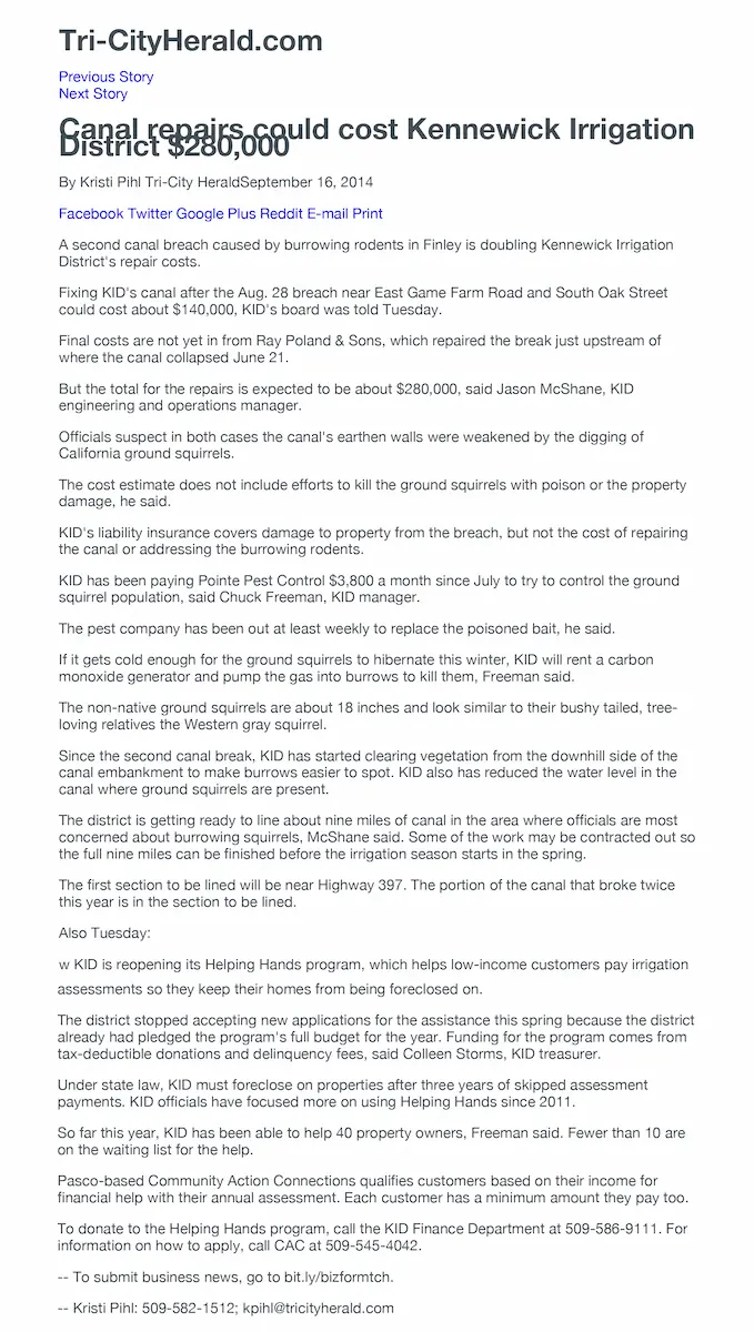 News article about canal repair costs linked to rodent damage and pest control efforts