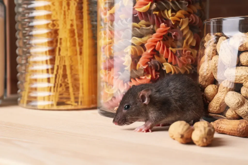 Image of a rodent near stored food items in a kitchen setting