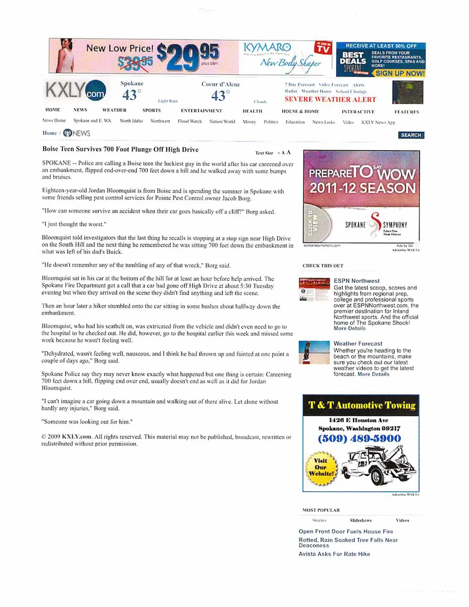 News article about Boise teen surviving fall with text content and website layout