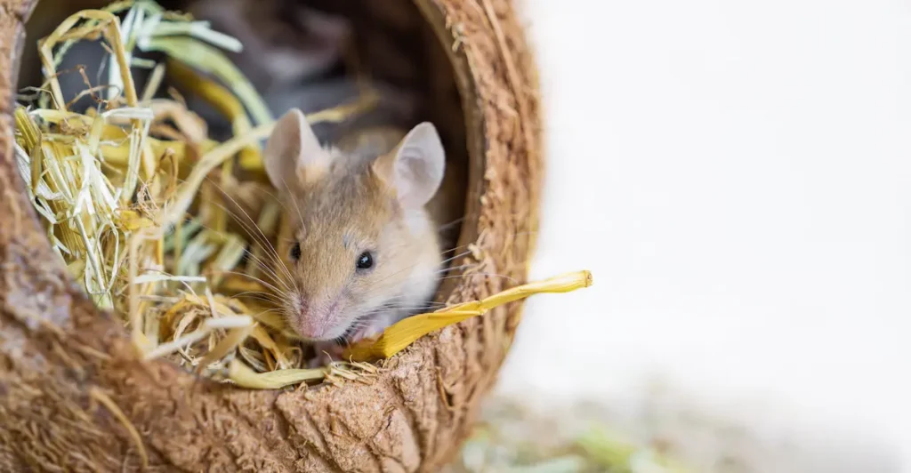 Mouse inside a nest made of straw and debris in a hollow space