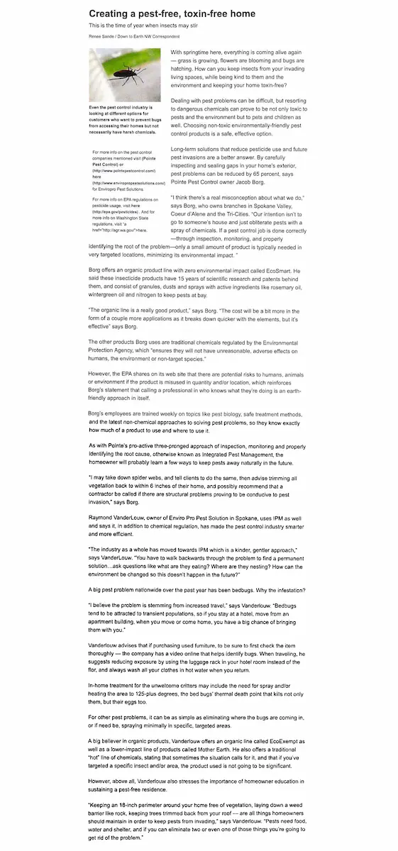 Newspaper article about creating a pest free toxin free home with small insect image and text content