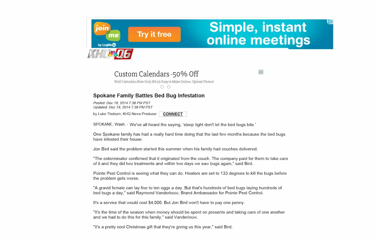 News article about Spokane family battling bed bug infestation and pest control treatment