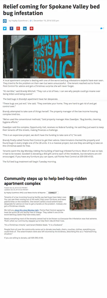 News article about Spokane Valley bed bug infestation relief and community assistance