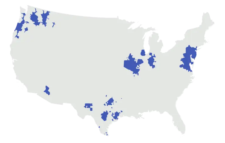 Map of the United States highlighting pest control service areas and business locations across multiple regions